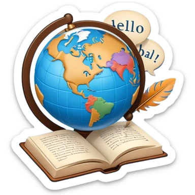 An icon showing a globe surrounded by speech bubbles with greetings in different languages, like 'Hello,' 'Hola,' and 'Bonjour.' The design includes an open book and a quill, symbolizing learning and communication. Transparent background emphasizes global connection through language. sticker