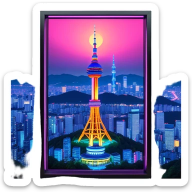 N Seoul Tower – Cinematic Realistic N Seoul Tower, depicted as a sleek modern tower illuminated against a vibrant cityscape at night, with reflective glass and dynamic neon lighting, rendered with intricate architectural detail and a futuristic urban glow. sticker