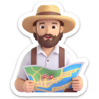 Make the bearded traveler look younger while keeping the straw hat and map, in 3D emoji style, with no background. sticker