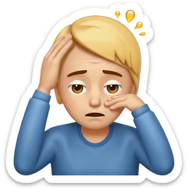 classic emoji style face with a hand on forehead, tired expression, and sweat drop, looking hungover sticker