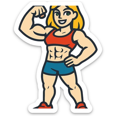 full body pose of a muscular white girl with blonde hair and green eyes, flexing 6 pack abs and one arm bicep sticker