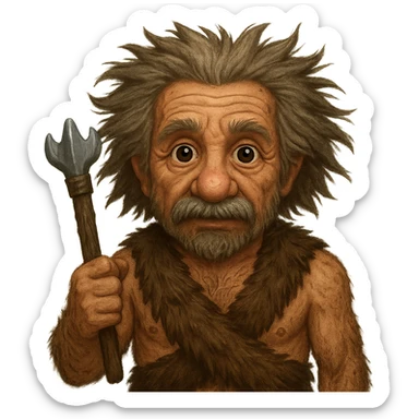 Make Albert Einstein as a caveman look more primitive, with rougher clothing, messy hair, and a more rugged appearance, in emoji style with no background. sticker