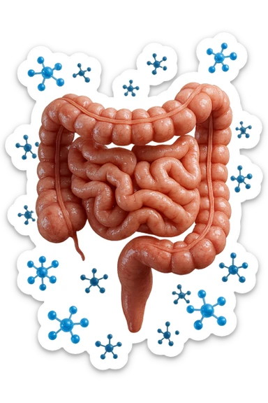INTESTINO UMANO ANATOMICO CON MOLECOLE CHIMICHE BLU IN 3D CHE GLI FLUTTUANO INTORNO, IPERREALISTICO 4K sticker