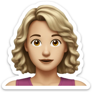 A white woman in her 30s with wavy shoulder length brown hair, bangs, hazel eyes sticker