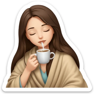 Brunette girl long hair inside a beige blanket sipping coffee eyes closed sticker