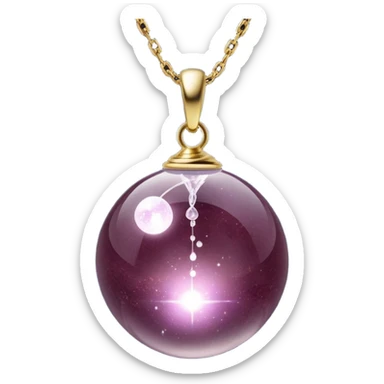 A polished round ball wine granite pendant suspended from a delicate gold chain, like a drop of enchanted starlight, glowing with the warmth of passion and the quiet power of transformation ethereal floating magical moving around... rebirth  sticker