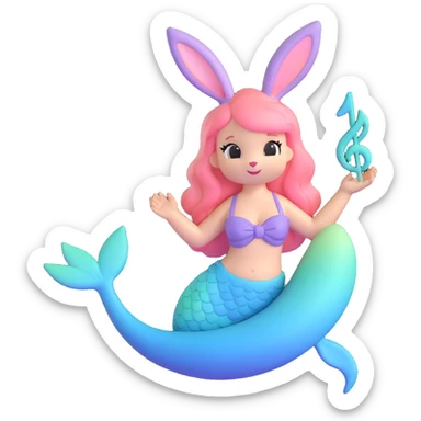Turn this cute bunny-mermaid illustration into a 3D iOS 18 emoji style. Keep the pastel colors, soft features, and musical note, but render it with smooth, rounded, and glossy 3D effects typical of iOS 18 emojis. sticker