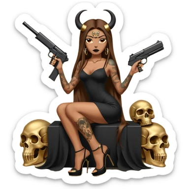 Sensual woman long brown straight haired sexy drug lord woman with tattoos on arm sleeves and black thick butt platform high heels on her feet, and devil black horns on her head, she is holding a skull head and a gun. Sitting on gold cases full of gold , long black dress with sexy slit sticker