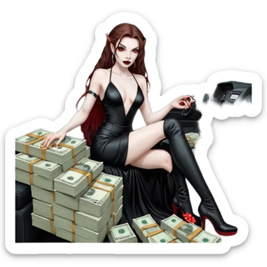 Lilith red eye seductress evil long brown haired sexy succubus woman with leather long dress with slit on, sitting in Big Large F350 pickup truck. Wearing super tall black platform high heels, Back seat full of stacks of cash, she is  Holding a human skull of her enemies and a gun in other hand sticker