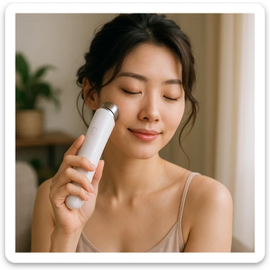 Korean woman doing skin care with a beauty device, stylish hairstyle, relaxed atmosphere sticker