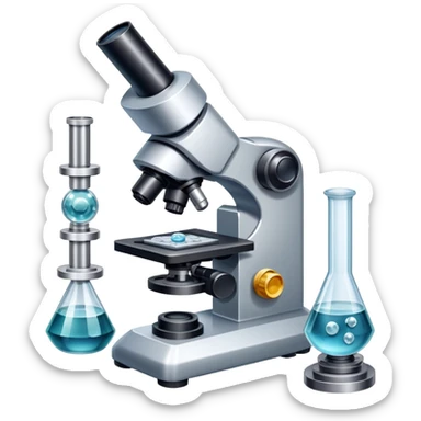 An icon featuring an electronic microscope, a metal alloy, atomic structure symbols, and a crystal structure, symbolizing materials science. The design includes different materials like metals, ceramics and polymers, alongside a stamp representing testing and quality control. Transparent background sticker
