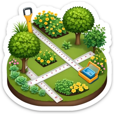 Icon for Landscape Design: a garden layout with plants, trees, paths, and design tools like a ruler, pencil and measuring tape. The icon should represent creativity in outdoor space planning and gardening. Transparent background. sticker
