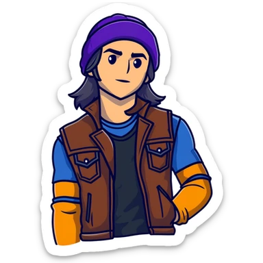 Jay from Descendants, long hair in a beanie, leather vest, athletic build sticker