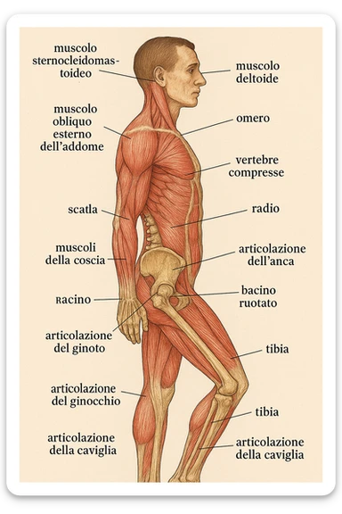 realistic anatomical illustration: lateral view of human body, rotated pelvis and compressed vertebrae, evident anatomical details, captions in Italian, aspect ratio 2:3. sticker