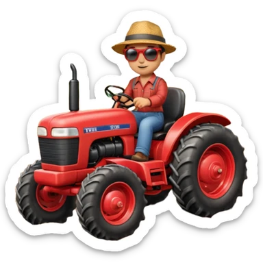 A 3D cartoon red tractor in a farmland setting, with plowed soil and crops in the background, smooth reflections, detailed tires, warm daylight, Memoji-style realism. sticker
