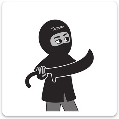 Black person with English appearance wearing a Trapstar balaclava, holding a black machete knife sticker