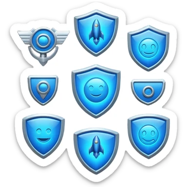 Futuristic glowing blue emoji badge set for the brand name “DRAEV” — includes shield, checkmark, camera, briefcase, verified tick, bot face, and rocket. Neon blue glow, dark gradient background, cyber aesthetic, 3D soft lighting, premium tech style. sticker