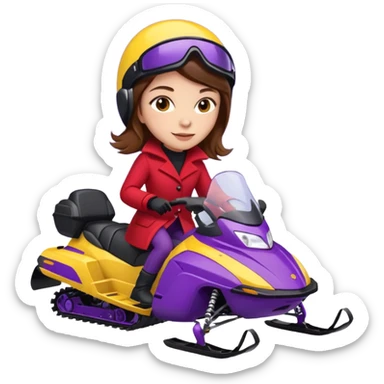 Brown hair Woman wearing red coat  on purple and yellow snowmobile sticker
