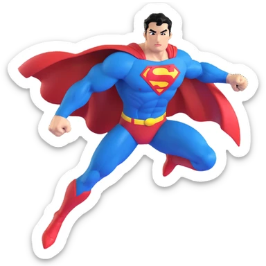 ultra-realistic 3D emoji of Superman, heroic and energetic, flying through a dramatic sky, blue suit, red cape, glowing yellow 'S', muscular build, chiseled jaw, signature black hair curl, sunlight beaming, vibrant colors, shiny and crisp sticker