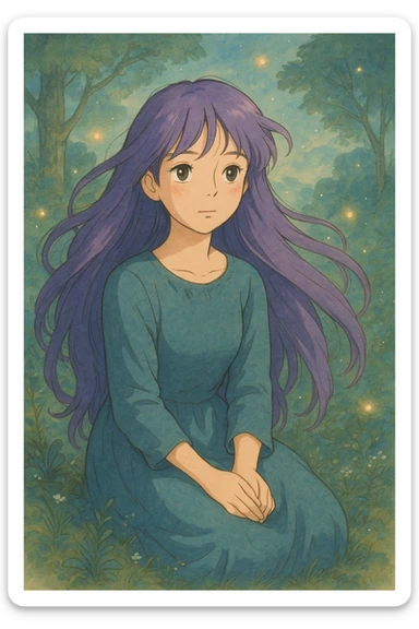 character with long purple hair, ghibli-inspired style sticker