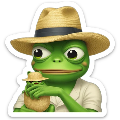 pepe frog holding cat with straw hat and he is sad  sticker