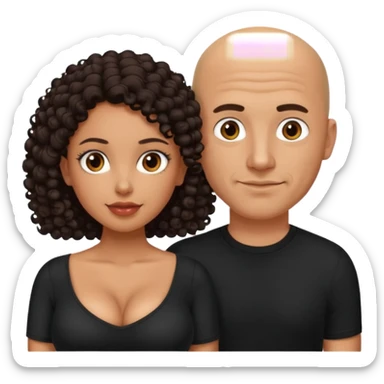 A picture of a sexy tanned couple. the man is Mexican, with a bald hair cut and a black shirt. the woman is mixed, she has curly longer dark brown hair,  she has glasses only, and with big boobs. Take the glasses of the man sticker