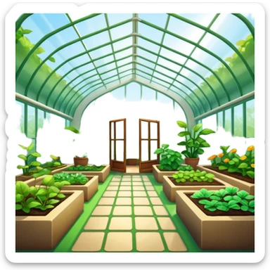 A 3D cartoon greenhouse filled with green plants and sunlight streaming through glass panels, earthy floor, bright natural light, Memoji-style texture and depth. sticker