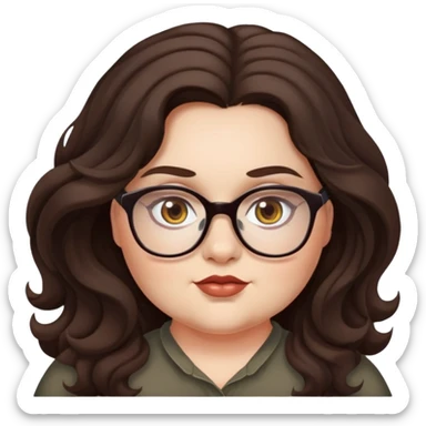  woman, long dark brown wavy hair, very light fair skin, hazel eyes, glasses, very chubby, baddie/sexy sticker