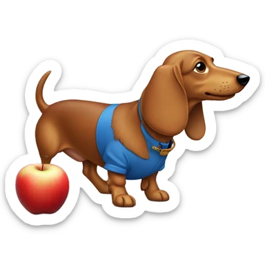 Wiener dog wearing a blue shirt with an apple in its mouth sticker