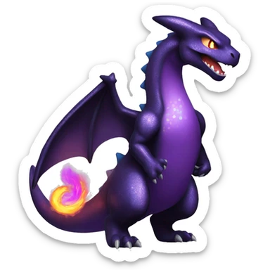 Black shiny sparkly Charizard-Fakémon with purple flame on tail full body sticker
