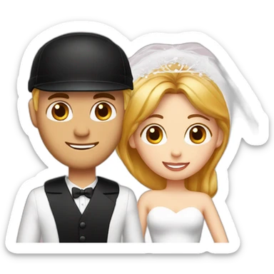 wedding couple blond man with black cap and white shirt, woman with medium red hair shirt with neckline sticker