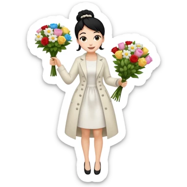 Chica blanca,cuerpo entero, vestido fiesta blanco ,manga larga ,con abrigo, pelo negro,    ramo de flores una mano, pelo recogido en moño alto sticker