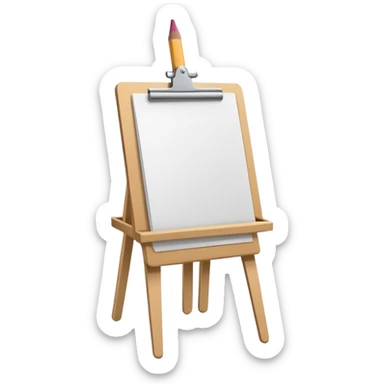 Minimalistic flat vector icon, iOS style, thin black contour on white background. Easel with a paper sheet and a pencil leaning against it. No text, no shadows sticker