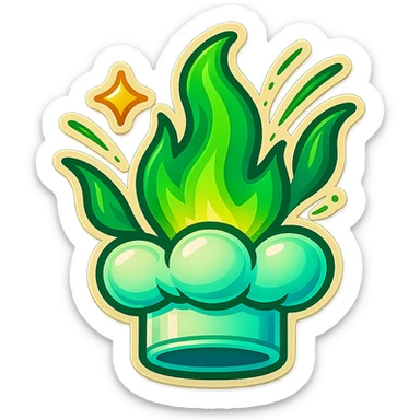 chef's hat explode with trails of fires, emoji, playful, magic flame green gradient, vibrant, flame matching style reference file sticker