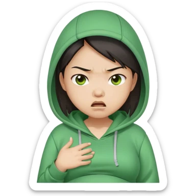 ASIAN gpregnant girl emoji, angry, upset wearing green hoodies sticker