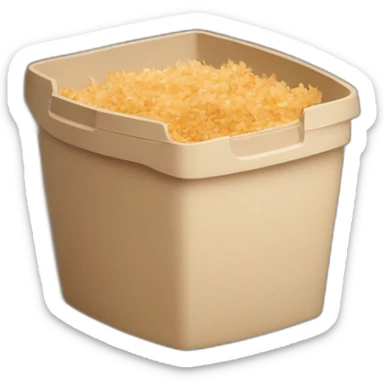 Dark cubic plastic container with wood shavings inside sticker