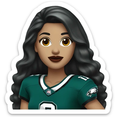 White female long dark hair red lips wearing Philadelphia Eagles jersey sticker