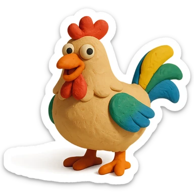 hen with colorful feathers and playful expression in claymation style sticker