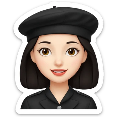 girl with dark hair and a black beret, cheerful face sticker