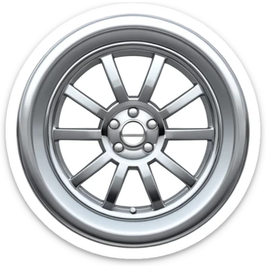 A chrome car wheel emoji, polished silver metal rim, smooth circular shape, minimal futuristic design, soft reflections, iOS emoji style, centered on white background, ultra clean look sticker