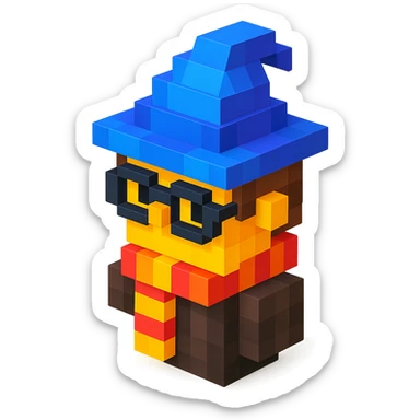 3D Minecraft-style voxel emoji of a wizard with a scarf, inspired by Harry Potter, blocky and cubic sticker