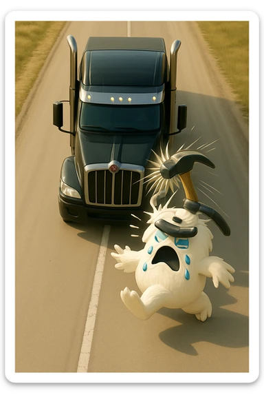 Make the scene lighter and show the hammer actively hitting the abominable snowman on the head, realistic top-down view, no text. Maintain a realistic style with clear lighting and dynamic action of the hammer hitting the snowman. sticker