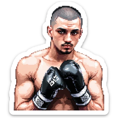 white man with dark hair, dark eyes, buzzcut faded haircut, wearing boxing gloves sticker
