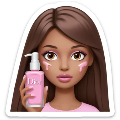 Barbie girl a brown long Straight hair and brown eyes is In pale pink smears by hand cosmetic cream Dior on her face sticker