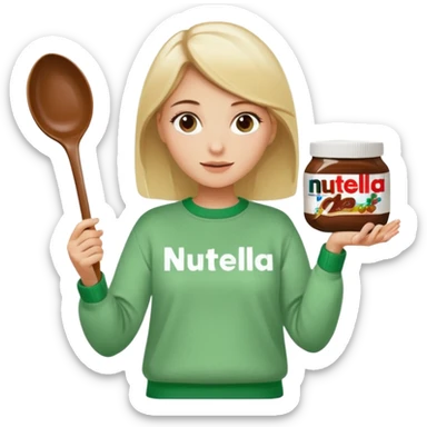 Blond woman with white and green pullover holds in one hand a big carriage of Nutella and in the other hand a oversized spoon which is in the carriage of Nutella sticker