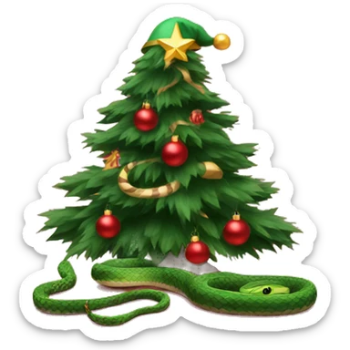 a snake in a red cap next to the Christmas tree sticker
