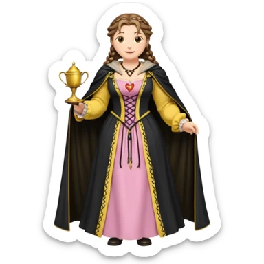 Helga Hufflepuff,brown-haired,2 braids,yellow-black medieval open dress,deep neckline,fat macromastia,black cloak decorated with gold braiding,gold cup with two handles,very kind smile,curvy busty,round rosy cheeks,full length with medieval shoes, inscription in pink heart says:"I love HELGA" sticker