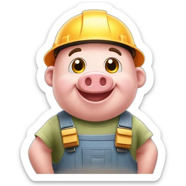 happy little pig from the three little pig story dressed as builder ready to build his home from bricks and cement sticker