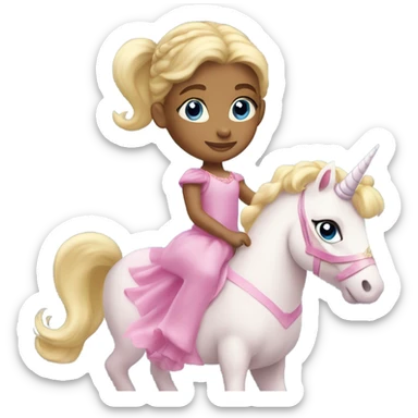 Little 5 year old blonde girl blue eyes in a princess dress riding a big pink unicorn  sticker