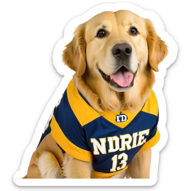 Golden retriever wearing a Notre dame jersey #13 sticker